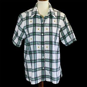 Vtg Alfred Dunner Sunflower Embroidered Full Button Top Sz L Windowpane Plaid